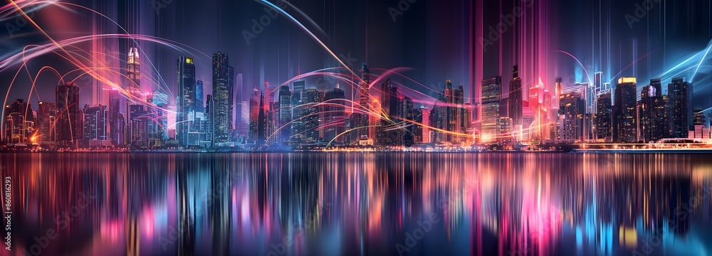 Poster 46. design a dynamic abstract cityscape with skyscrapers wrapped in pulsating ribbons of light, refl