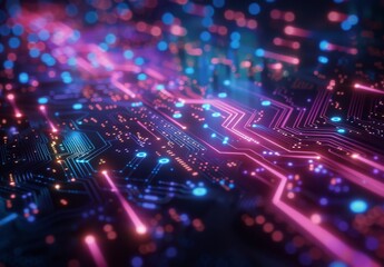 Obraz premium Close Up of a Purple and Blue Circuit Board With Glowing Lights