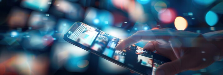 A close-up shot of a persons hand scrolling through a social media news feed on a smartphone. Generative AI