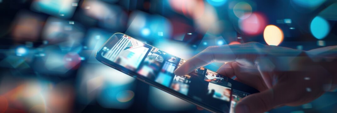 A close-up shot of a persons hand scrolling through a social media news feed on a smartphone. Generative AI