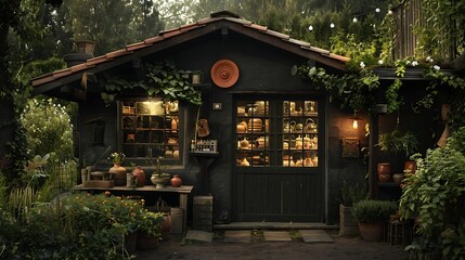 rustic pottery studio with a dark terra cotta exterior, nestled in a lush garden, where artisans craft beautiful ceramics inspired by nature