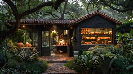 Obraz premium rustic pottery studio with a dark terra cotta exterior, nestled in a lush garden, where artisans craft beautiful ceramics inspired by nature
