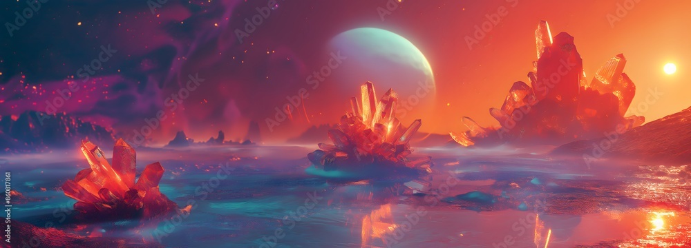 Poster 44. render a surreal abstract landscape with floating islands of pulsating crystals and shimmering p