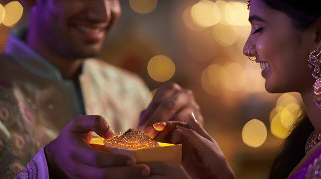 Indian man giving surprise gift to wife jewellery on Diwali or Wedding anniversary selective focus : Generative AI