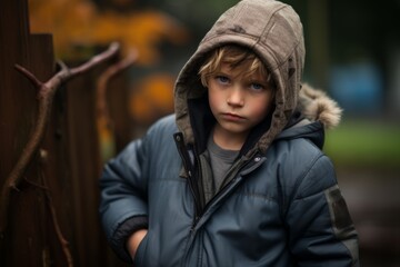 Portrait of a boy in a winter jacket and hat. Selective focus.