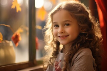 Fototapeta premium Portrait of a beautiful little girl at the window in autumn.