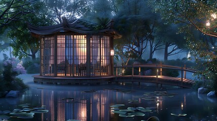 secluded gazebo built on a pond, accessible by a small wooden bridge, with floor-to-ceiling screens to keep out the evening chill
