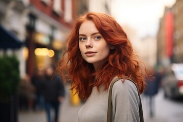 Fototapeta premium Portrait of a beautiful young woman with red hair in the city