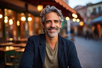 Portrait of a handsome middle-aged man smiling at the camera in a restaurant