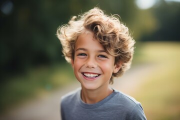 Portrait of a smiling little boy with blond curly hair in the park