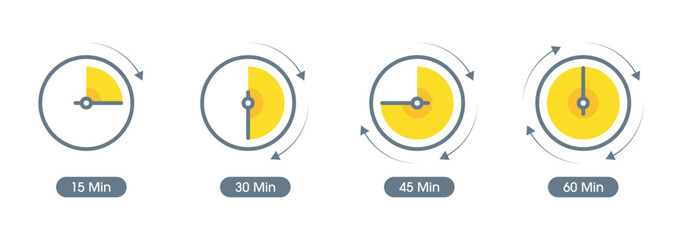 15 minutes, 30 minutes, 45 minutes, 60 minutes tar set. four step indicator concept. time setting dial set
