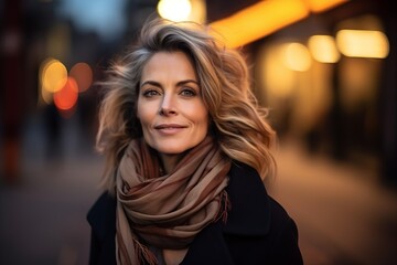 Portrait of a beautiful middle-aged woman with a scarf in the city