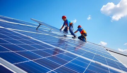 Technician Team is installing solar panels on the roof of a building with a bright blue sky in the background