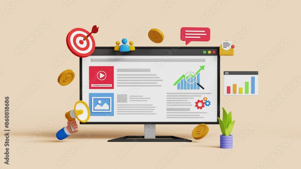 Poster digital marketing or advertising, data analysis concept. 3d computer with social network and media c