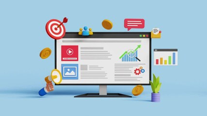 SEO optimization, digital marketing, web analytics and social media concept. Strategy and planning on 3d computer with icons and symbols. 4k 3d loop animation - Powered by Adobe