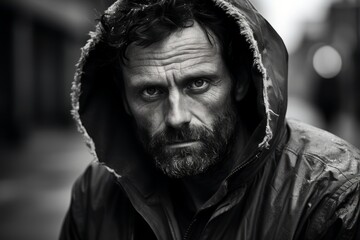 Black and white portrait of a homeless man in a raincoat.