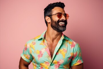 Obraz premium Portrait of a handsome young man in a colorful shirt and sunglasses