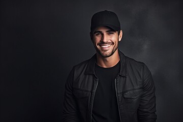 Obraz premium Portrait of a handsome young man in a black cap and a leather jacket.