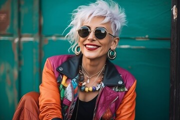 Portrait of a beautiful young woman with short white hair wearing sunglasses