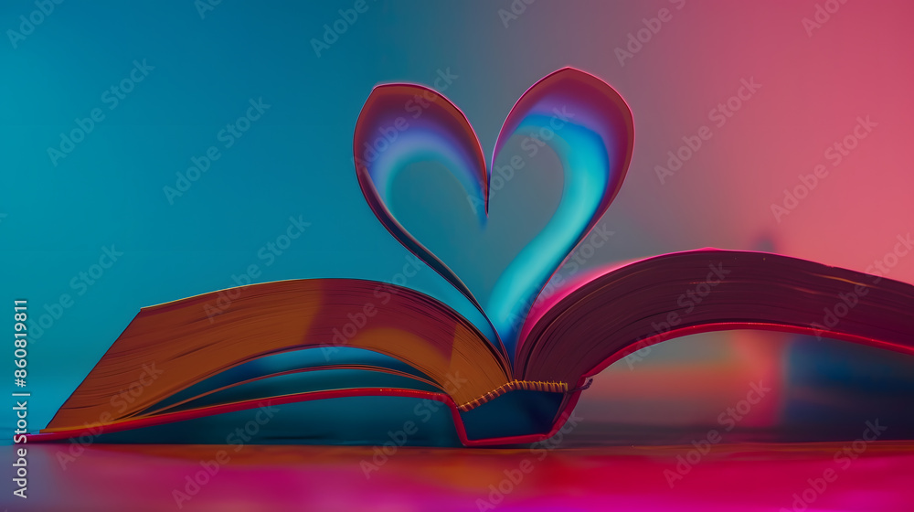Poster The book opens and the book page rolls into the heart colorful background selective focus and with a very shallow depth of field : Generative AI
