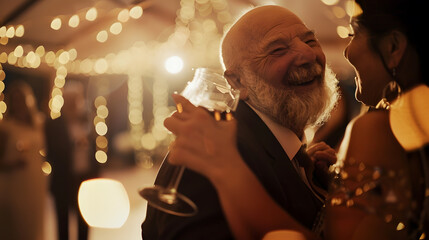 Bald senior groom embracing female friend while having wine at wedding celebration : Generative AI
