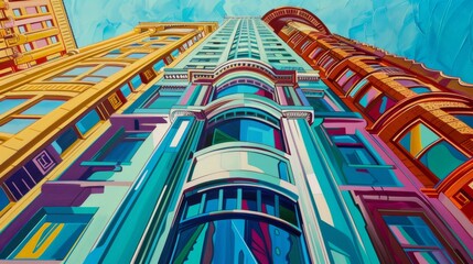 upward angle of brightly colored painting of san francisco circle building 