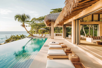 Fototapeta premium A beachside villa with light colors, a thatched roof, and ocean views.