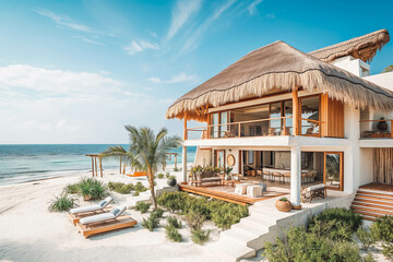 Fototapeta premium A beachside villa with light colors, a thatched roof, and ocean views.