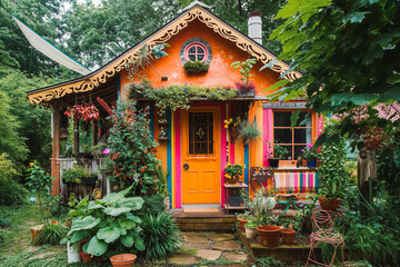 Obraz premium A bohemian cottage with colorful exterior, eclectic decor, and lush greenery.