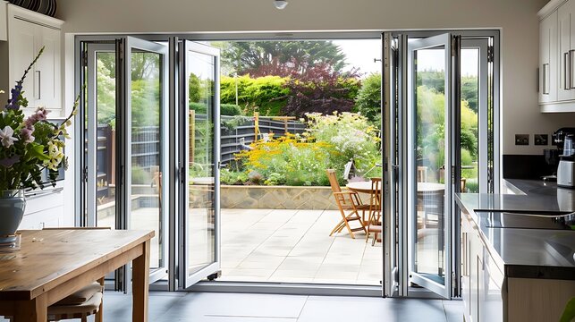 suburban home with a kitchen that opens out to a patio through sliding glass doors