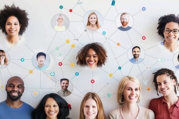 A diverse group of people stand together, connected by a vibrant social media network. Generative AI