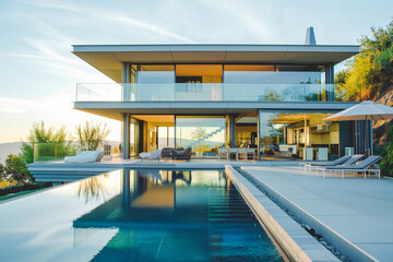 Obraz premium A contemporary house with a flat roof, large glass panels, and a pool.