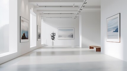 Obraz premium off-white minimalist photography gallery, showcasing the work of emerging and established photographers in a clean, modern space