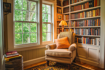 Fototapeta premium A cozy reading nook with a comfortable chair, a small bookshelf, and a window seat.