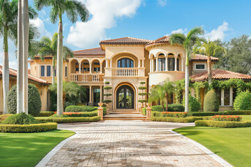 Obraz premium A luxurious mansion with a grand entrance, circular driveway, and manicured lawns.