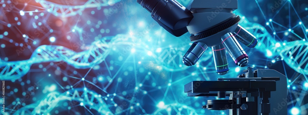 Poster close-up of microscope with dna helix and digital network background in a scientific laboratory