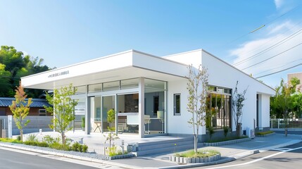 off-white modern veterinary clinic, designed with the comfort and well-being of animals in mind, located in a friendly neighborhood
