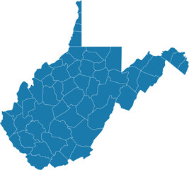 Editable vector file of the counties that make up the state of West Virginia, located in the United States of America.