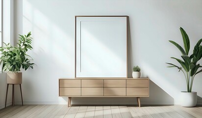 Blank poster frame on a white wall with small plants