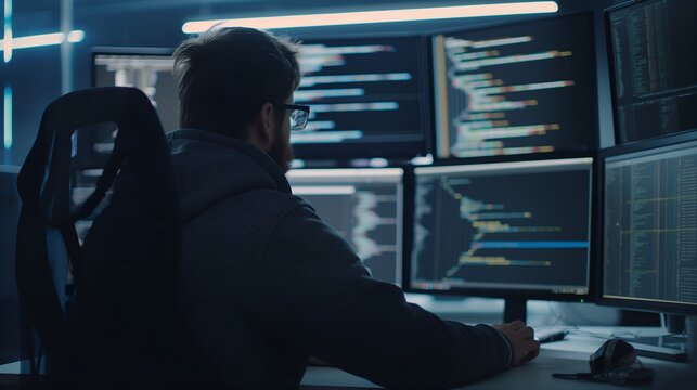 Young Programmer Debugging Code on Multiple Monitors, Young IT Professional Debugging and Enhancing Algorithms on Multiple Monitors in High-Tech and Modern Workspaces, Coding, C++, JavaScript, Python