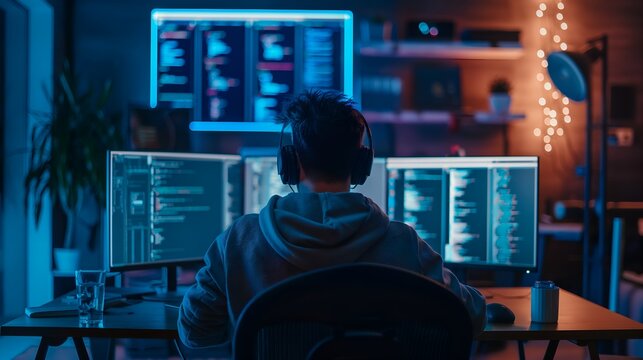 Young Programmer Debugging Code on Multiple Monitors, Young IT Professional Debugging and Enhancing Algorithms on Multiple Monitors in High-Tech and Modern Workspaces, Coding, C++, JavaScript, Python
