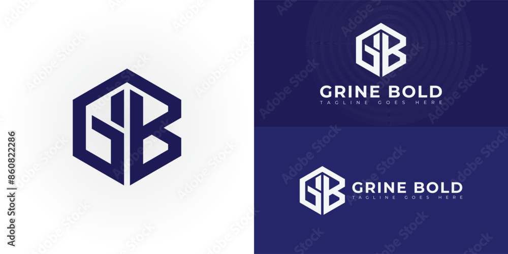 Poster abstract initial hexagon letters gb or bg logo in blue color isolated on multiple background colors.