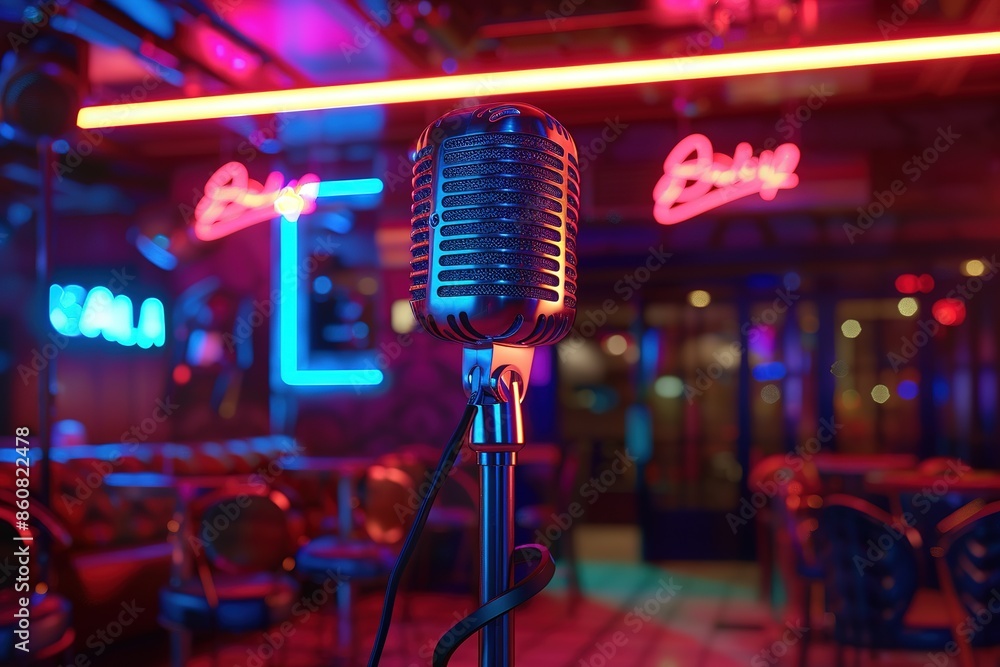 Wall mural microphone on the background of a nightclub with neon lights, ai generated