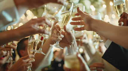 A group of people cheering with champagne glasses at a wedding The focus is on the hands and glasses The people are all smiling and looking happy : Generative AI