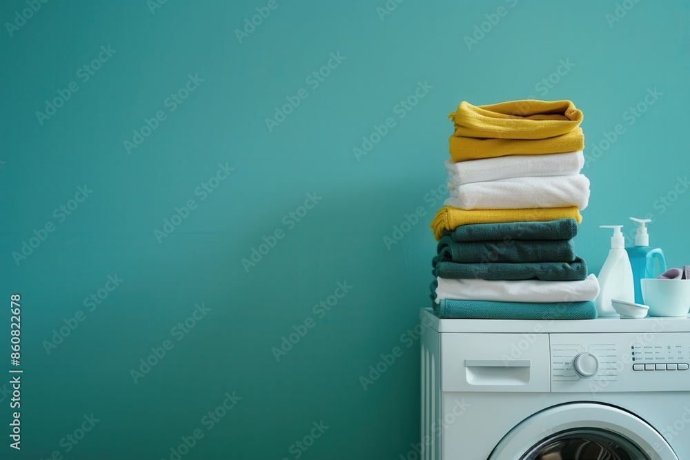 Poster a stack of neatly folded laundry sits atop a white washing machine in a teal-colored room. generativ