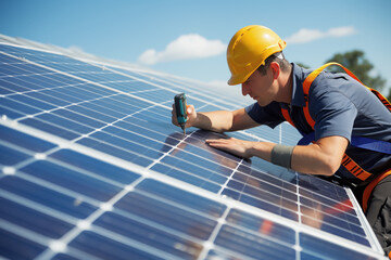 An engineer installs and adjusts the operation of solar panels