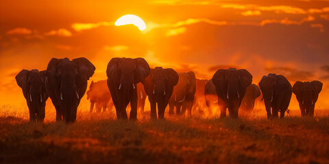 Fototapeta premium A herd of elephants walking in the savannah at sunset, their silhouettes against an orange sky
