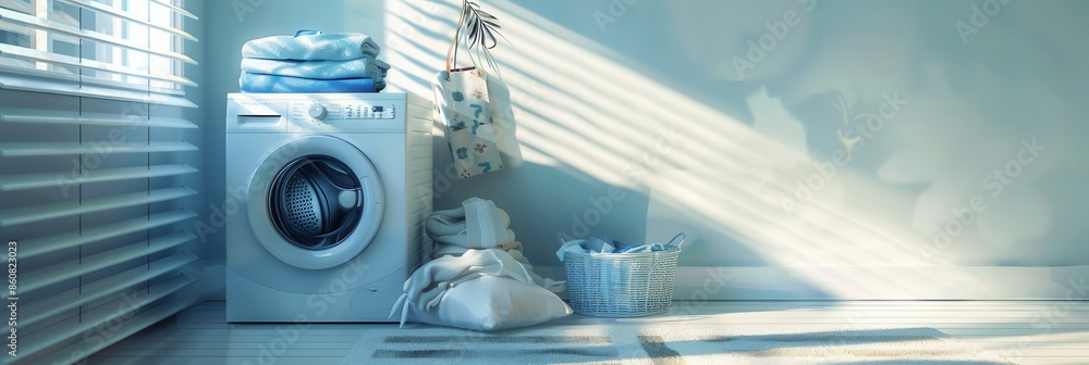 Poster A white washing machine sits in a bright room, next to a pile of neatly folded clean laundry. Sunlight streams through the window, illuminating the space. Generative AI