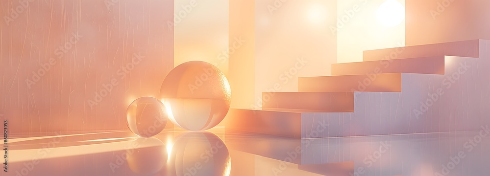 Aufkleber 2. design a minimalist abstract landscape with floating metallic orbs and translucent geometric plan