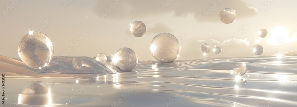 Poster 2. design a minimalist abstract landscape with floating metallic orbs and translucent geometric plan